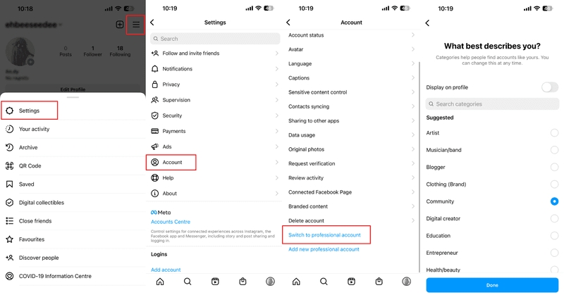 Đây là hình ảnh mô tả các bước để chuyển sang tài khoản công việc. Ở góc trên cùng bên phải của trang, nhấp vào ba đường ngang và sau đó nhấp vào Cài đặt. Trong Tài khoản, bấm Chuyển sang Tài khoản Chuyên nghiệp. Bây giờ, hãy chọn danh mục có liên quan và nhấp vào Xong.